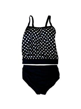 Lands End Swimsuit 6 D Black & White Polka Dot Blouson Tankini Top/Bottoms